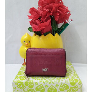 Michael Kors Red Pebbled Leather Zip Around Credit Card Small Wallet